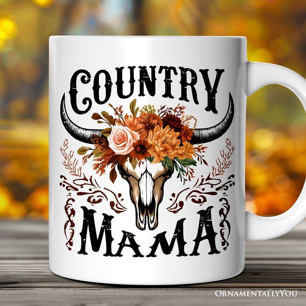 Country Mama Floral Vintage Mug, Western Buffalo Skull Gift for Moms Personalized Ceramic Mug OrnamentallyYou 12oz Mug Non-Custom 