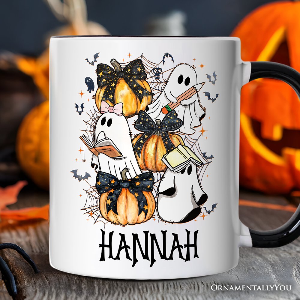 Cute Ghost Teacher Halloween Personalized Mug, Retro Boo Spooky School Gift with Custom Name Personalized Ceramic Mug OrnamentallyYou White - Black Customized 