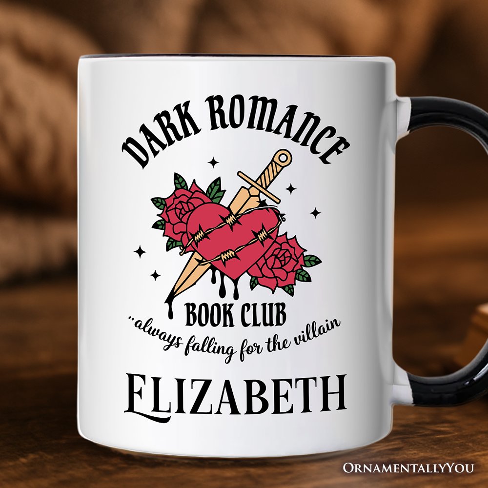 Dark Romance Book Club Personalized Mug, Vintage Gothic Romantasy Bookish Gift with Custom Name Personalized Ceramic Mug OrnamentallyYou White - Black Customized 