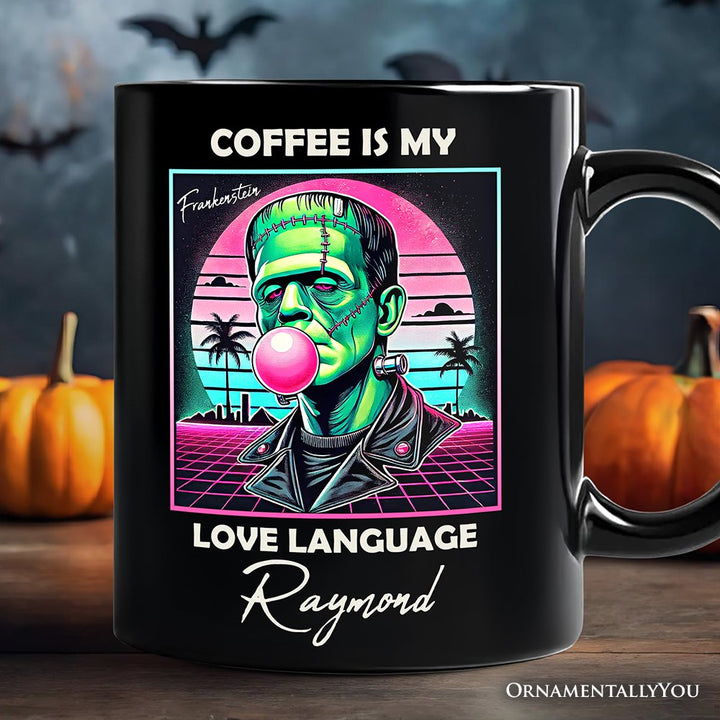 Vaperwave Frankenstein Retro Neon Horror Personalized Mug, Synthwave 80's Styled Classic Halloween Gift with Custom Name Personalized Ceramic Mug OrnamentallyYou Black Customized 