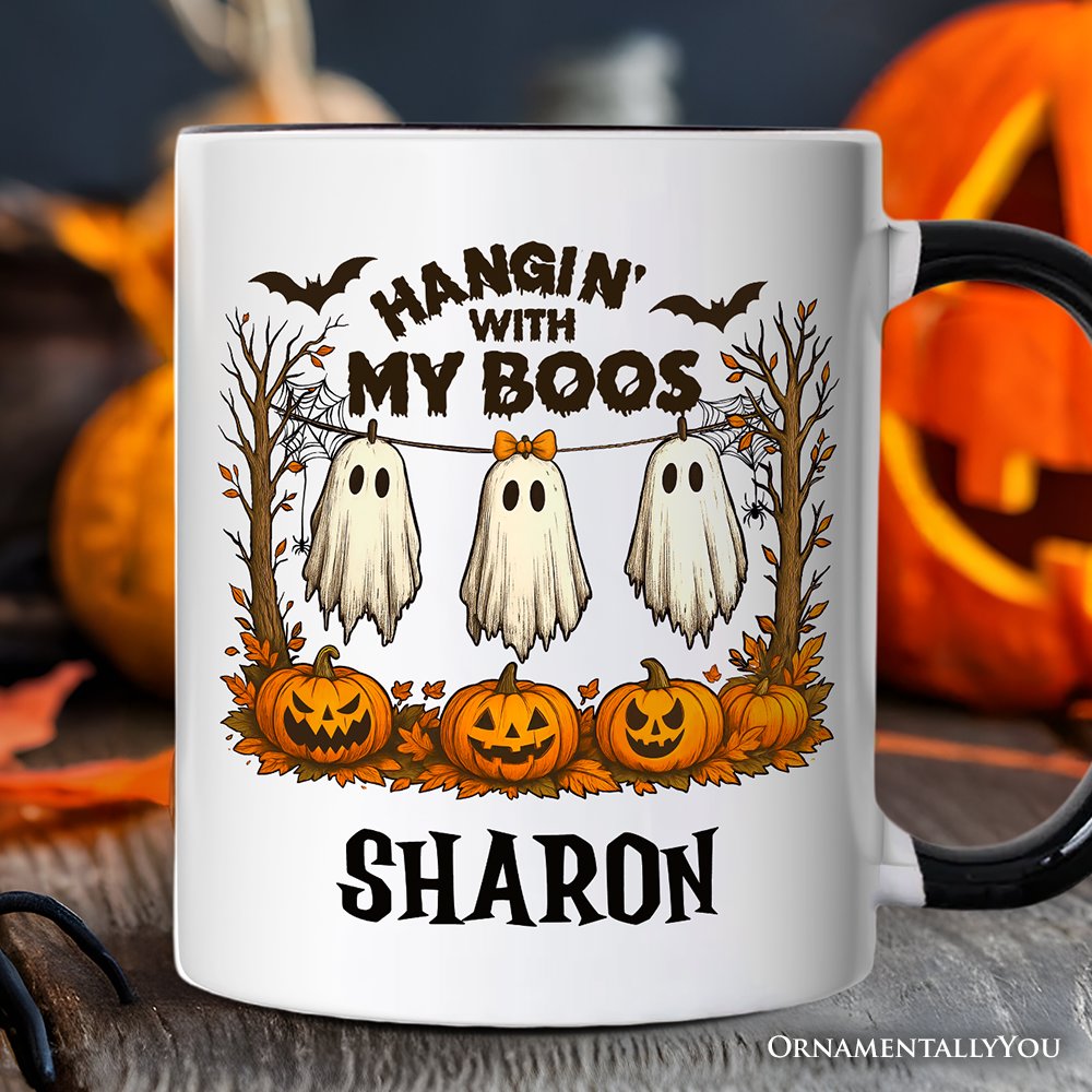 Hanging with My Boos Ghost Personalized Mug, Funny Halloween Spooky Season Gift with Custom Name Personalized Ceramic Mug OrnamentallyYou White - Black Customized 