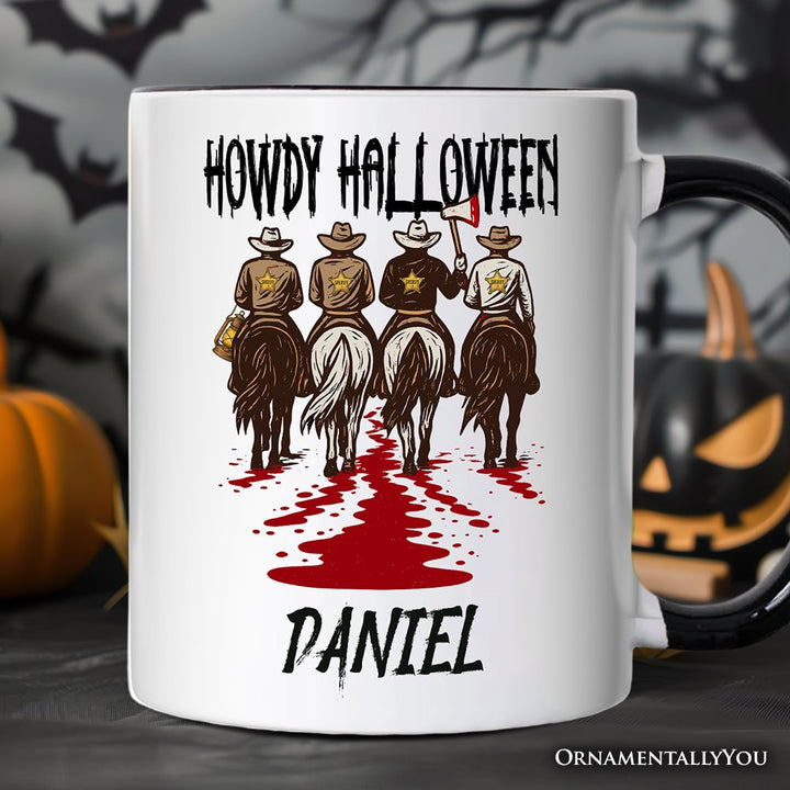 Howdy Halloween Cowboy Men Personalized Mug, Sheriff Western Riders Spooky Gift with Custom Name Personalized Ceramic Mug OrnamentallyYou White - Black Customized 