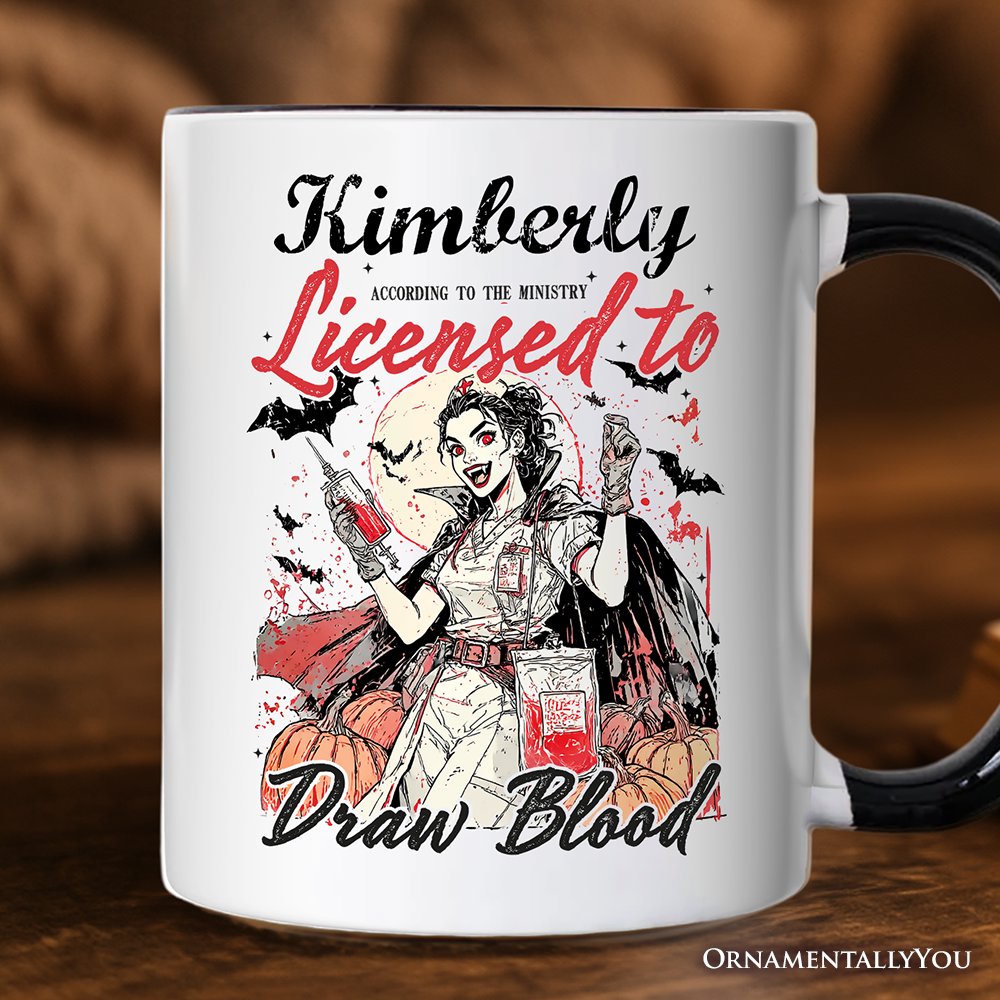 Licensed to Draw Blood Halloween Nurse Personalized Mug, Groovy Gift with Custom Name for Spooky Season Personalized Ceramic Mug OrnamentallyYou White - Black Customized 