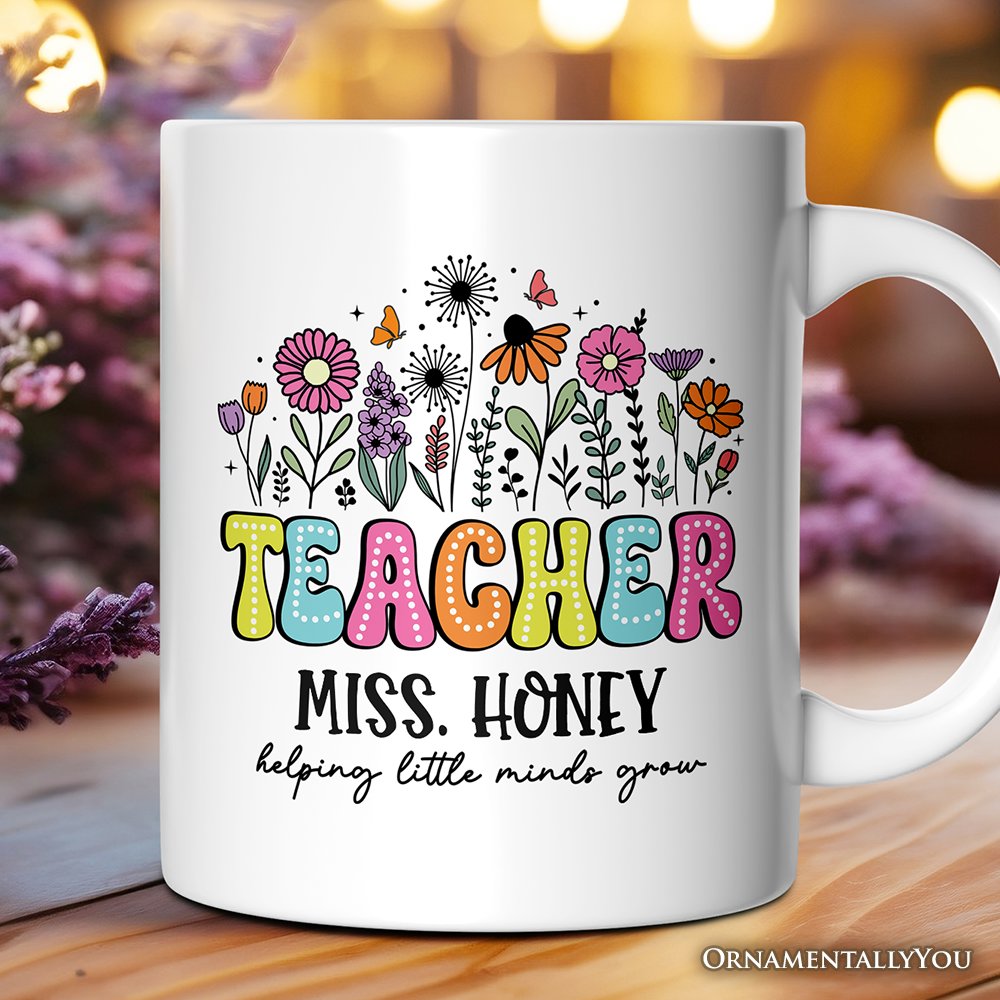 Helping Little Minds Grow Teacher Personalized Mug, Floral Appreciation Gift with Custom Name Personalized Ceramic Mug OrnamentallyYou 12oz Mug Customized 