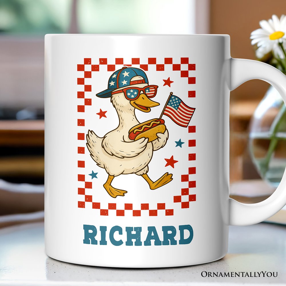 4th of July Patriotic Duck Personalized Mug, Funny Independence Day Gift with Custom Name Personalized Ceramic Mug OrnamentallyYou Customized 