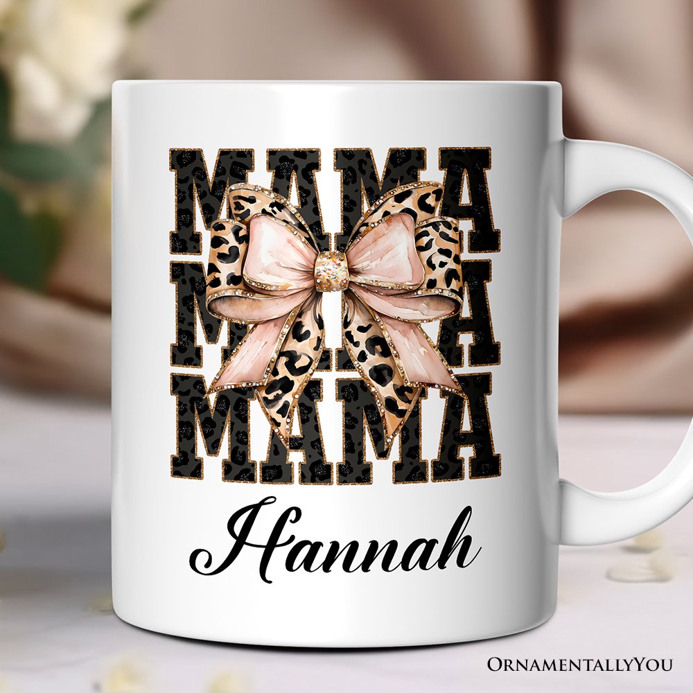 Glitter Leopard Mama Personalized Mug, Coquette Bow Glam Gift with Custom Name Personalized Ceramic Mug OrnamentallyYou White Customized 