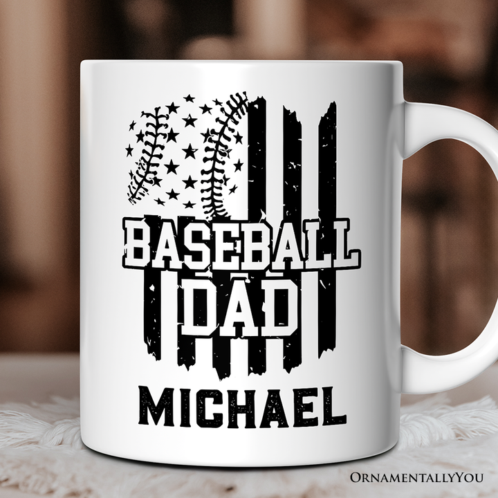 Baseball Dad Personalized Mug, Patriotic Gift for Sports Fathers with Custom Name