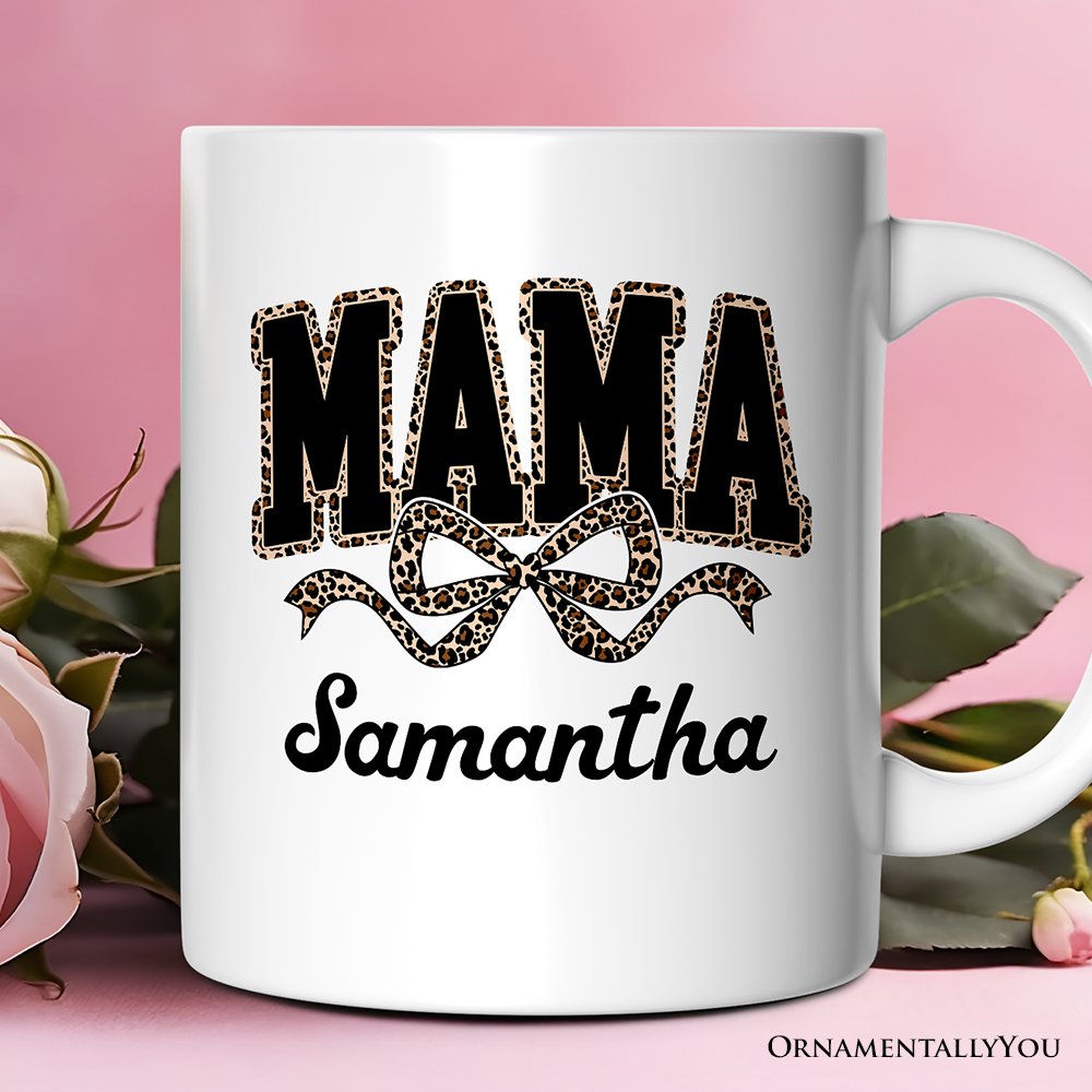Coquette Leopard Mama Personalized Mug, Retro Bow Varsity Gift with Custom Name Personalized Ceramic Mug OrnamentallyYou Customized 