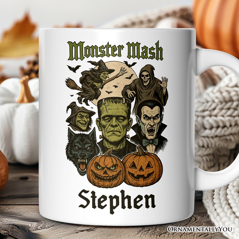 Monster Mash Classic Personalized Mug, Halloween Spooky Monsters Gift with Custom Name Personalized Ceramic Mug OrnamentallyYou 12oz Mug Customized 