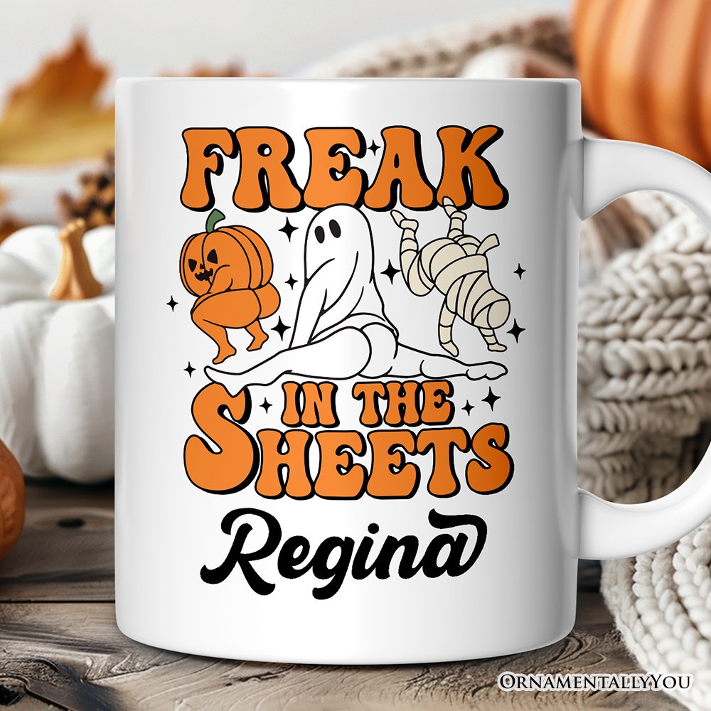 Freak in the Sheets Ghost Personalized Mug, Naughty Halloween Gift with Custom Name Personalized Ceramic Mug OrnamentallyYou White Customized 