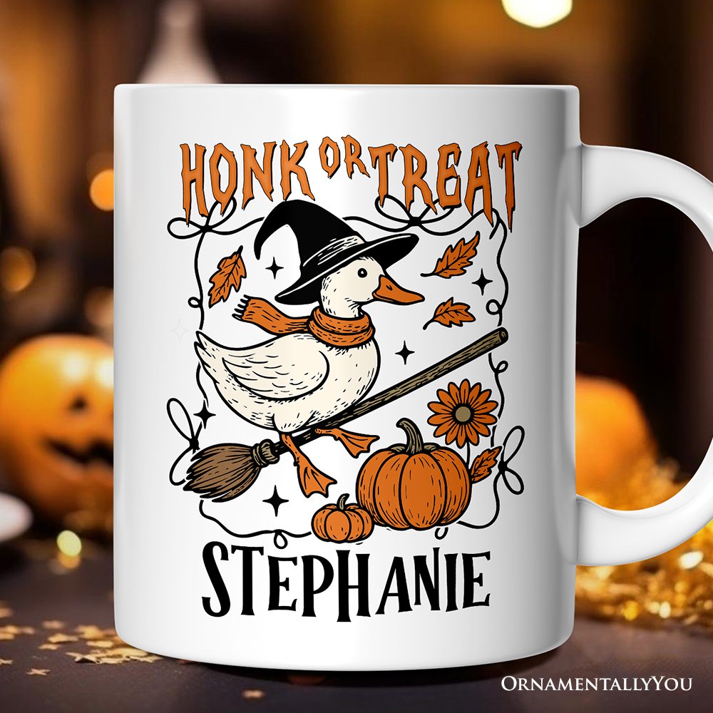 Honk or Treat Goose Personalized Mug, Hilarious Halloween Gift with Custom Name Personalized Ceramic Mug OrnamentallyYou White Customized 