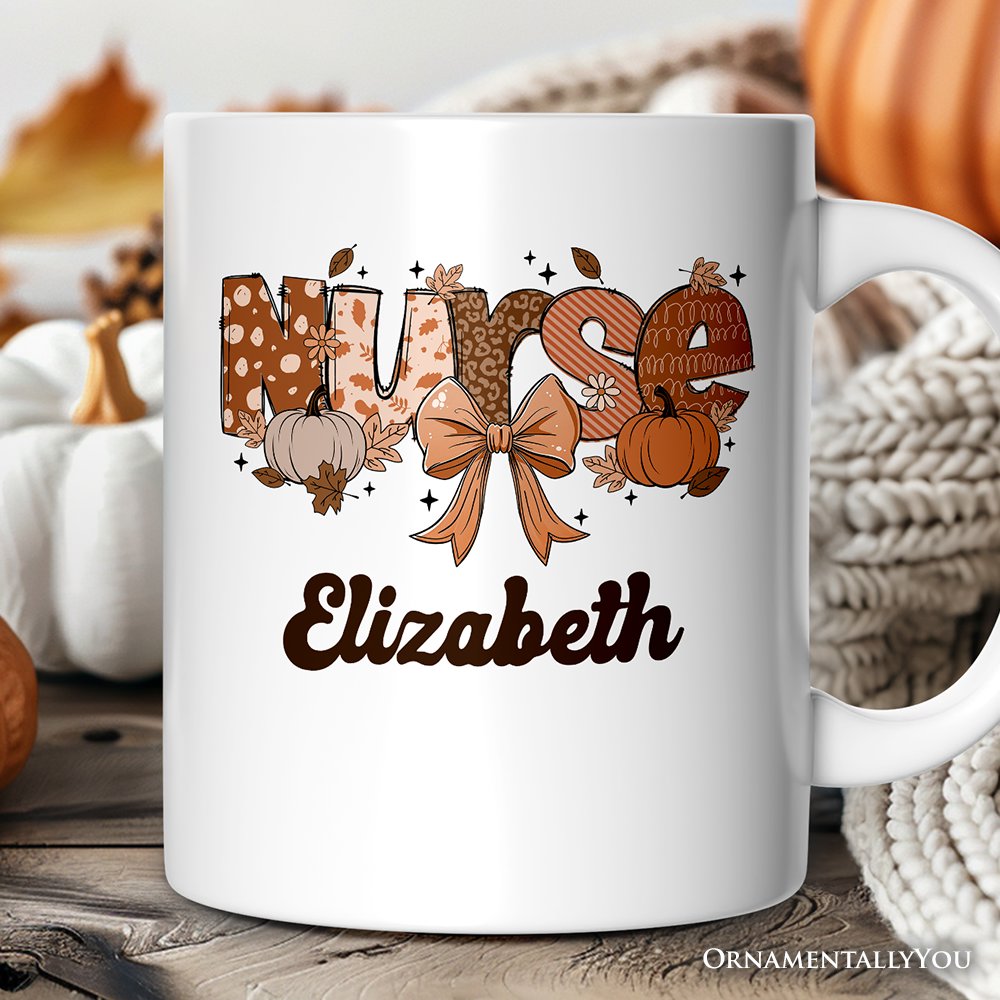 Nurse Coquette Autumn Personalized Mug, Cozy Fall Pumpkins Gift with Custom Name Personalized Ceramic Mug OrnamentallyYou White Customized 