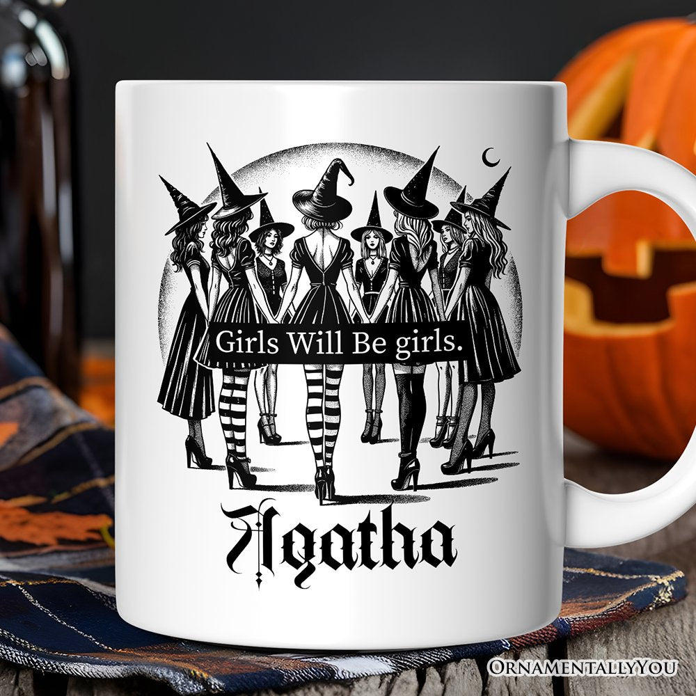 Girls Will Be Girls Personalized Mug, Witchy Halloween Gift with Custom Name for Empowered Women Personalized Ceramic Mug OrnamentallyYou White Customized 