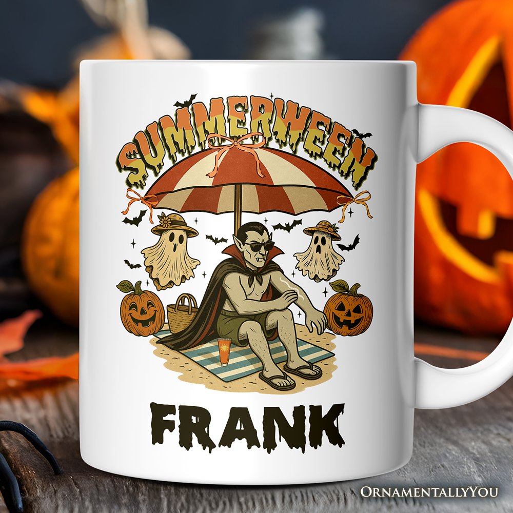 Summerween Vampire Dracula Personalized Mug, Retro Halloween Beach Gift with Custom Name for Horror Spooky Summer Season Personalized Ceramic Mug OrnamentallyYou White Customized 