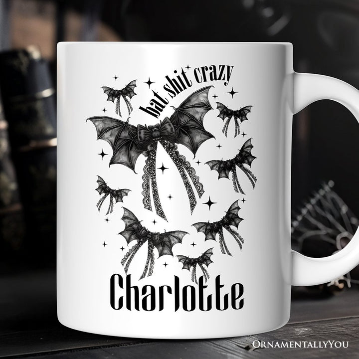 Bat Shit Crazy Coquette Bats Personalized Mug, Funny Halloween Gift with Custom Name Personalized Ceramic Mug OrnamentallyYou White Customized 