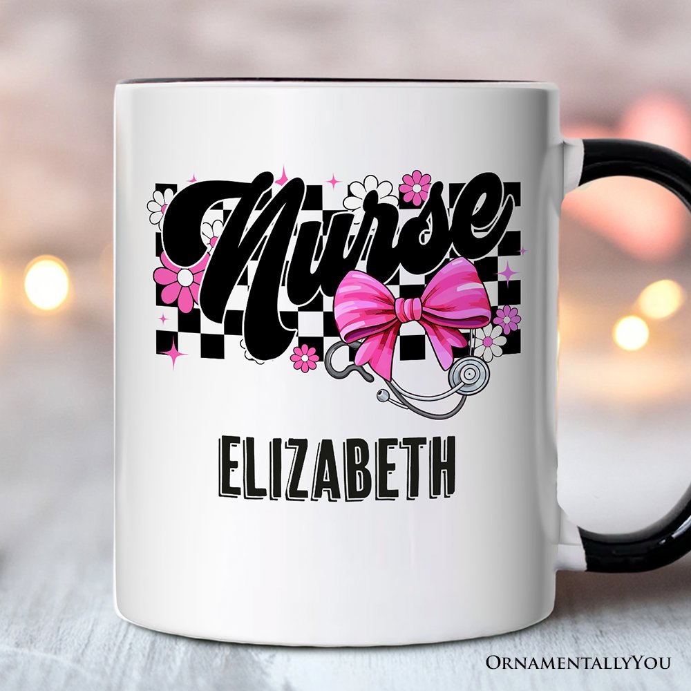 Nurse Floral Coquette Pink Bow Personalized Mug, Coquette Medical Worker Gift with Custom Name Personalized Ceramic Mug OrnamentallyYou White - Black Customized 