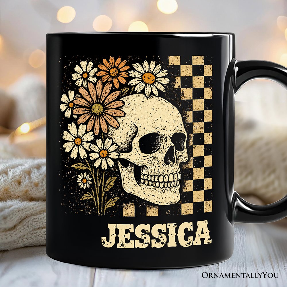 Checkered Floral Skeleton Personalized Mug, Vintage Skull Daisy Halloween Gift with Custom Name Personalized Ceramic Mug OrnamentallyYou Black Customized 