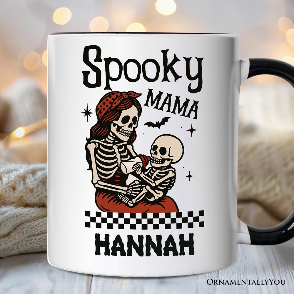 Spooky Mama Skeleton Halloween Personalized Mug, Momster Retro Checkered Gift with Custom Name Personalized Ceramic Mug OrnamentallyYou White - Black Customized 