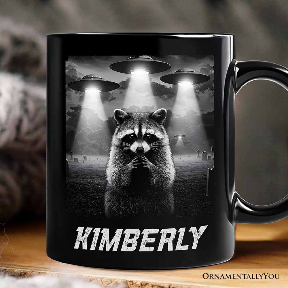 Funny Raccoon UFO Personalized Mug, Unisex Black Gift with Custom Name Personalized Ceramic Mug OrnamentallyYou Black Customized 