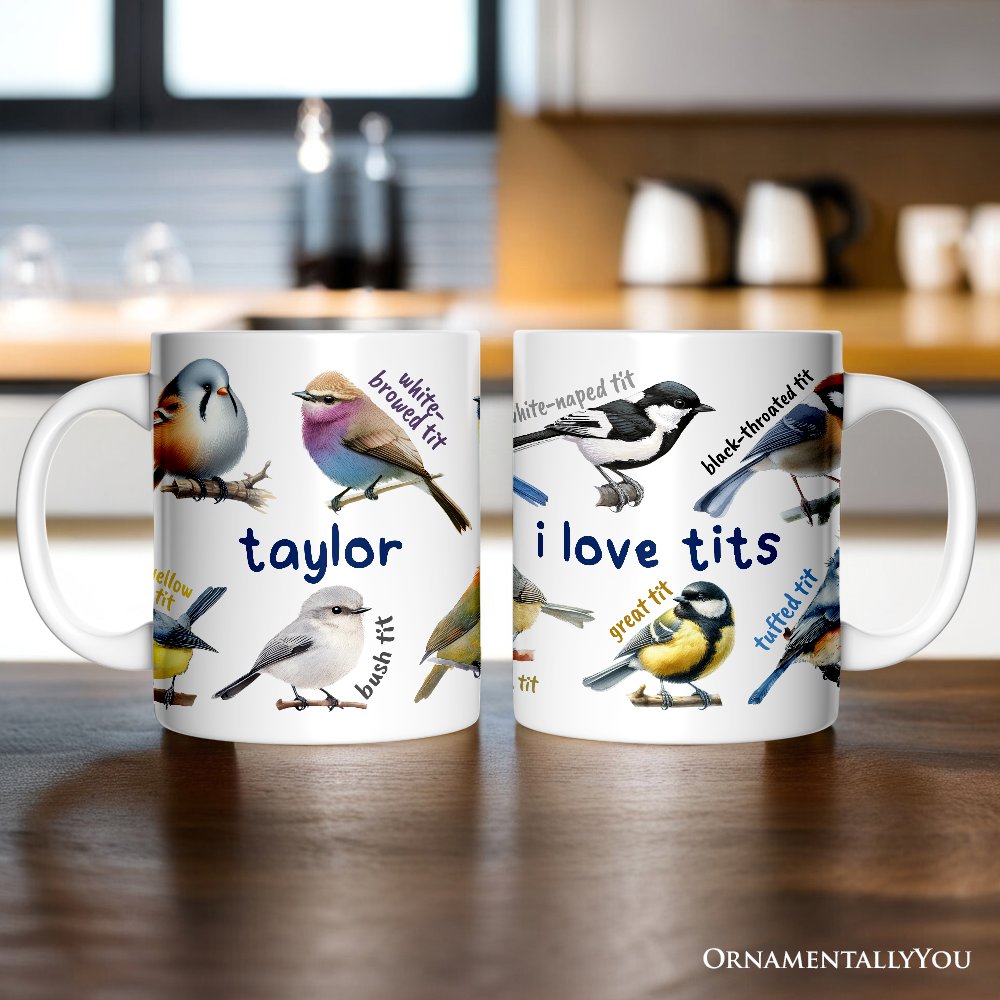 Whimsical Bird Tit Personalized Mug, Funny Birdwatcher Gift for Birder With Custom Name Personalized Ceramic Mug OrnamentallyYou White Customized 
