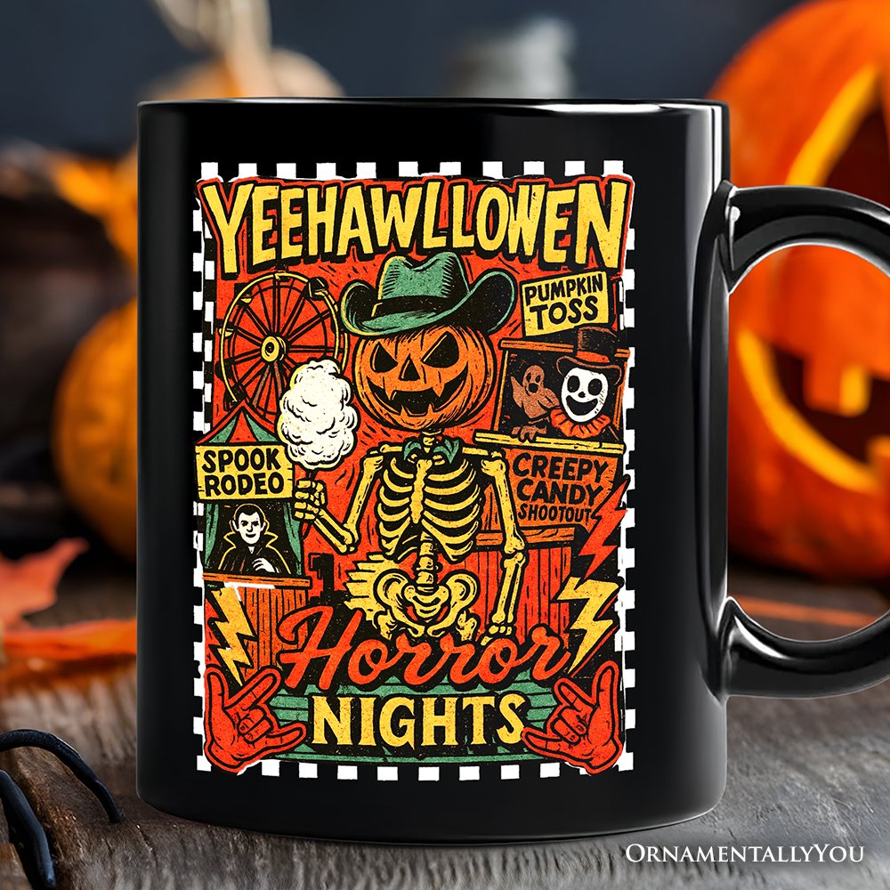 Yee Haw Halloween Retro Pumpkin Skeleton Personalized Mug, Spooky Country Western Gift with Custom Name Personalized Ceramic Mug OrnamentallyYou Black Customized 