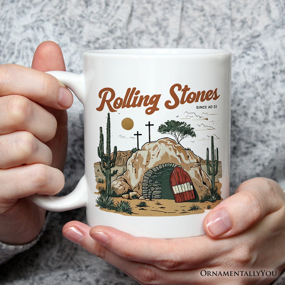 Rolling Stones Christian Personalized Mug, He is Risen Easter Gift with Custom Name Personalized Ceramic Mug OrnamentallyYou White Non-Custom 