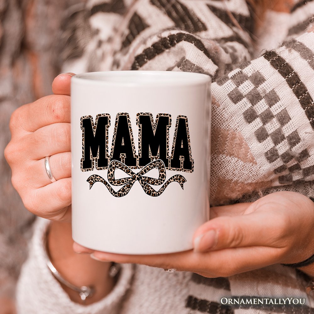Coquette Leopard Mama Personalized Mug, Retro Bow Varsity Gift with Custom Name Personalized Ceramic Mug OrnamentallyYou 