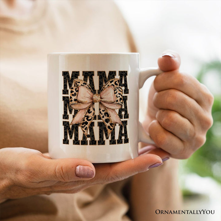 Glitter Leopard Mama Personalized Mug, Coquette Bow Glam Gift with Custom Name Personalized Ceramic Mug OrnamentallyYou White Non-Custom 