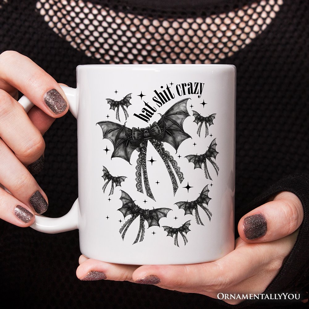 Bat Shit Crazy Coquette Bats Personalized Mug, Funny Halloween Gift with Custom Name Personalized Ceramic Mug OrnamentallyYou White Non-Custom 
