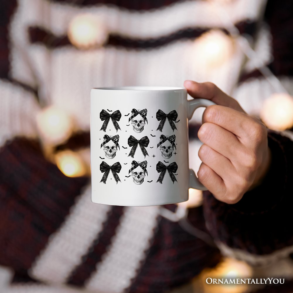 Coquette Skulls and Bows Personalized Mug, Gothic & Stylish Halloween Gift with Custom Name Personalized Ceramic Mug OrnamentallyYou White Non-Custom 