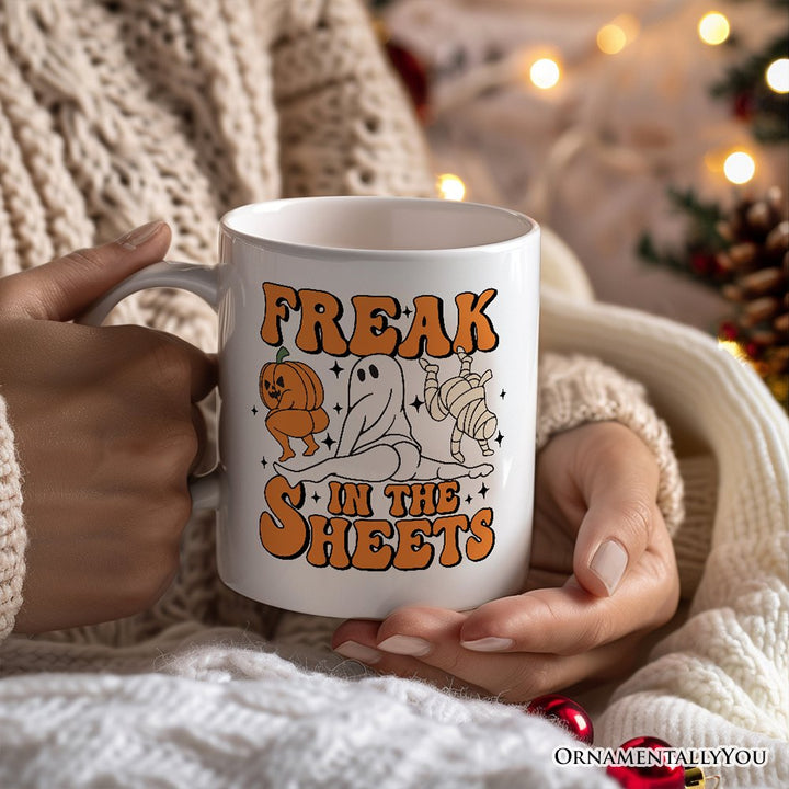 Freak in the Sheets Ghost Personalized Mug, Naughty Halloween Gift with Custom Name Personalized Ceramic Mug OrnamentallyYou White Non-Custom 