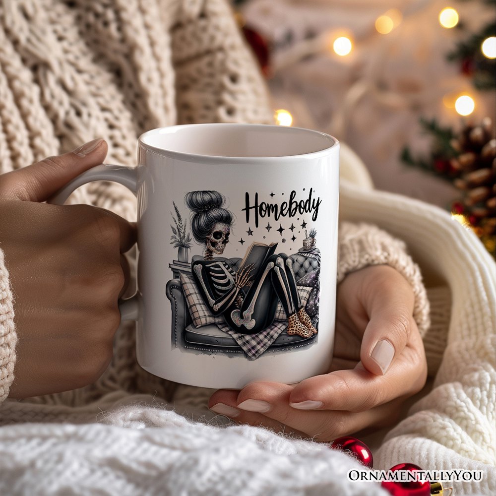 Homebody Reading Skeleton Personalized Mug, Funny Lazy Selfcare Gift with Custom Name Personalized Ceramic Mug OrnamentallyYou White Non-Custom 