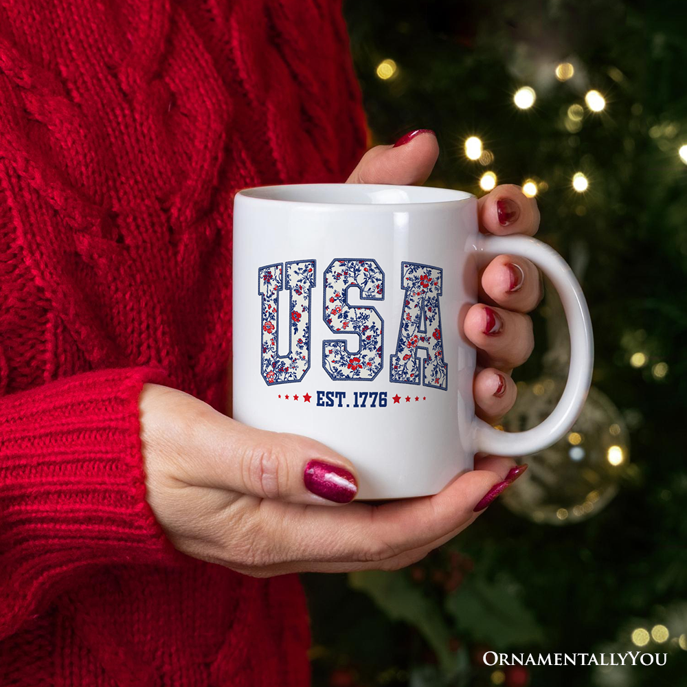 Patriotic USA Floral Personalized Mug, 1776 Independence Day Gift with Custom Name