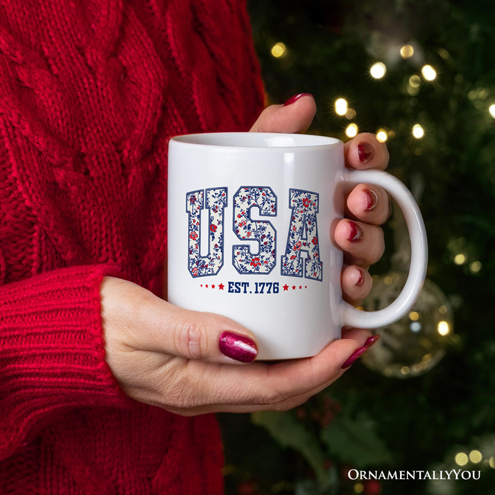 Patriotic USA Floral Personalized Mug, 1776 Independence Day Gift with Custom Name