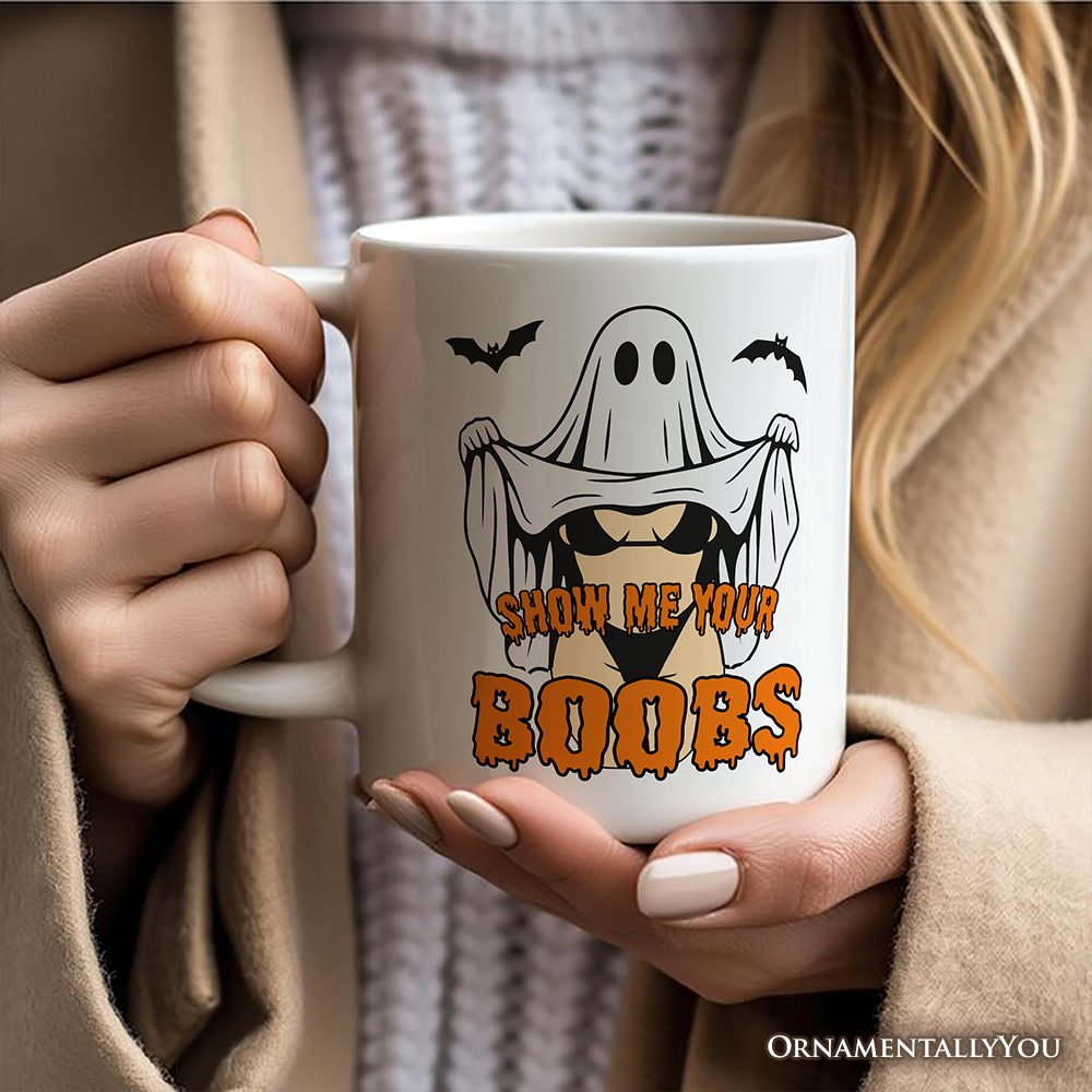 Show Me Your Boobs Halloween Personalized Mug, Funny Naughty Pun Ghost Gift with Custom Name Personalized Ceramic Mug OrnamentallyYou White Non-Custom 