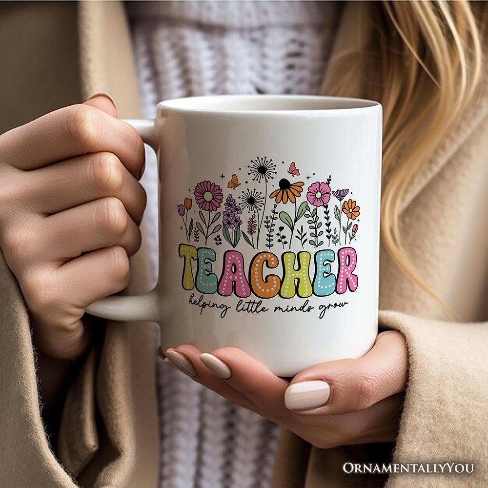 Helping Little Minds Grow Teacher Personalized Mug, Floral Appreciation Gift with Custom Name Personalized Ceramic Mug OrnamentallyYou 