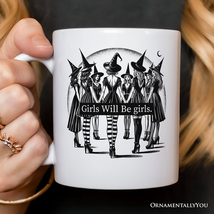 Girls Will Be Girls Personalized Mug, Witchy Halloween Gift with Custom Name for Empowered Women Personalized Ceramic Mug OrnamentallyYou White Non-Custom 