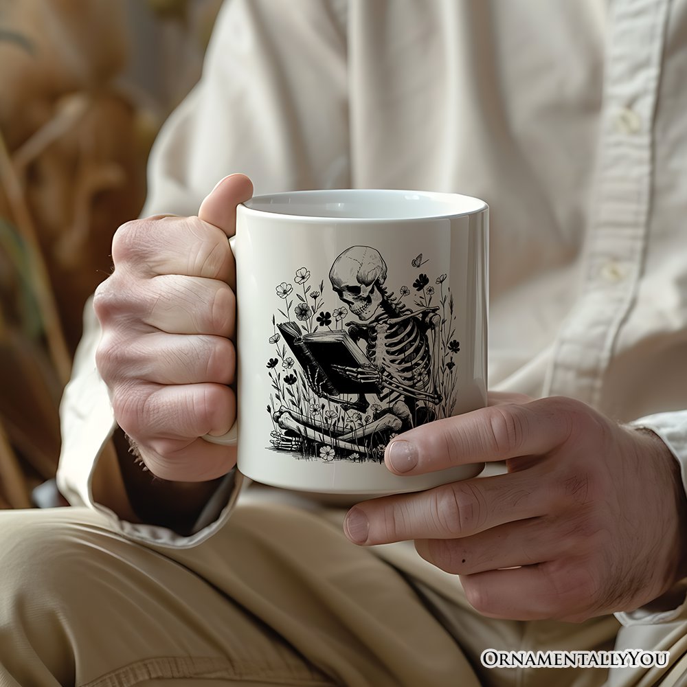 Gothic Reading Skeleton Personalized Mug, Floral Halloween Gift with Custom Name Personalized Ceramic Mug OrnamentallyYou White Non-Custom 