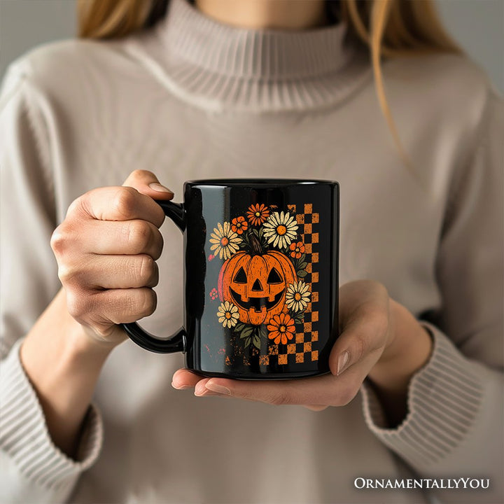 Checkered Floral Pumpkin Personalized Mug, Retro Preppy Halloween Gift with Custom Name for Spooky Season Vibes Personalized Ceramic Mug OrnamentallyYou 
