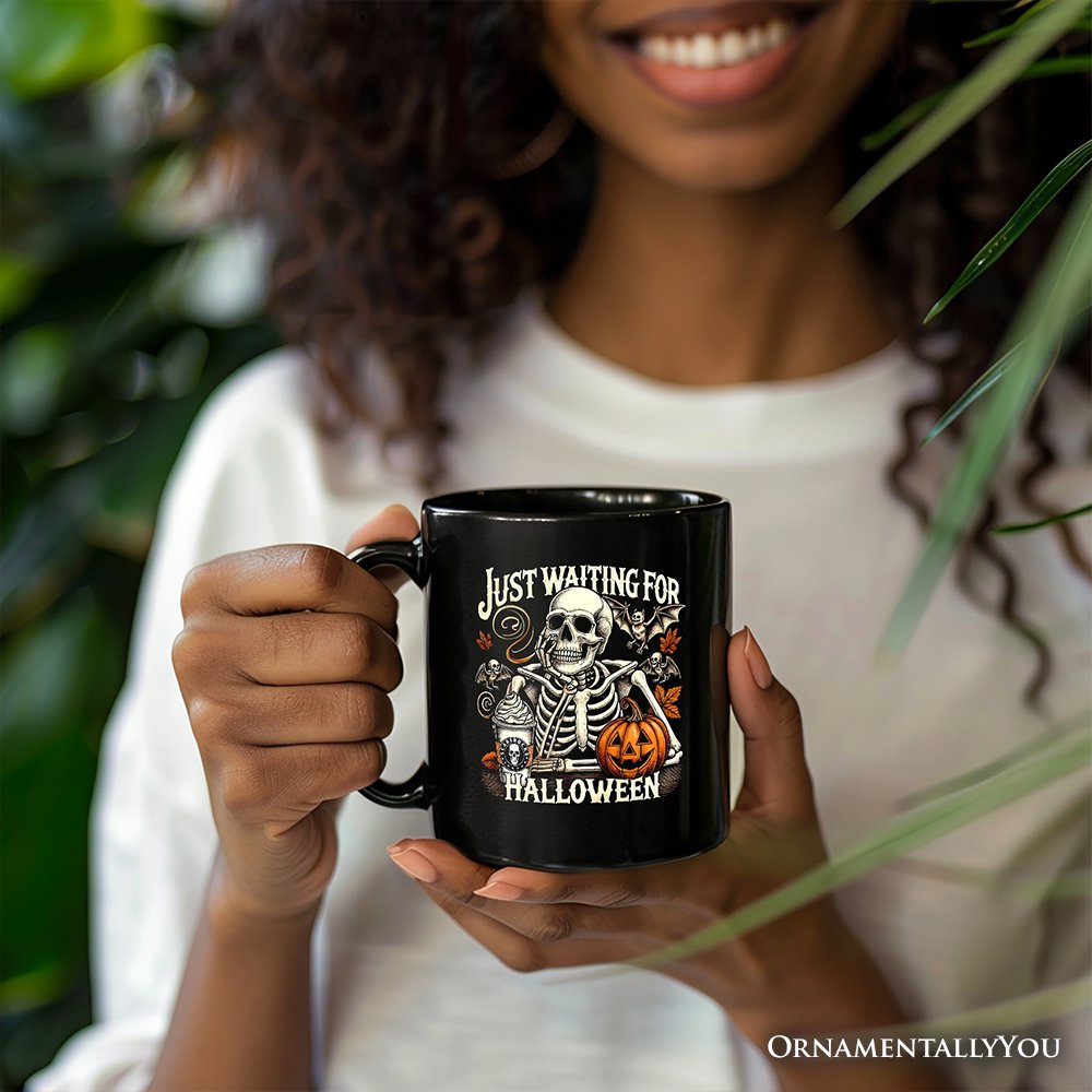 Just Waiting for Halloween Personalized Mug, Spooky Skeleton Gift with Custom Name Personalized Ceramic Mug OrnamentallyYou 