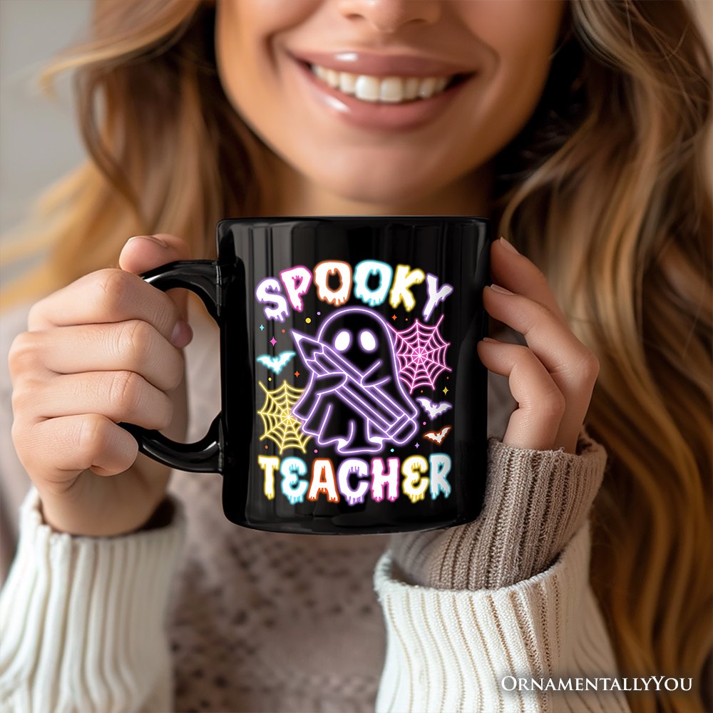 Spooky Teacher Neon Ghost Personalized Mug, Retro Halloween Gift with Custom Name for Educators Personalized Ceramic Mug OrnamentallyYou 