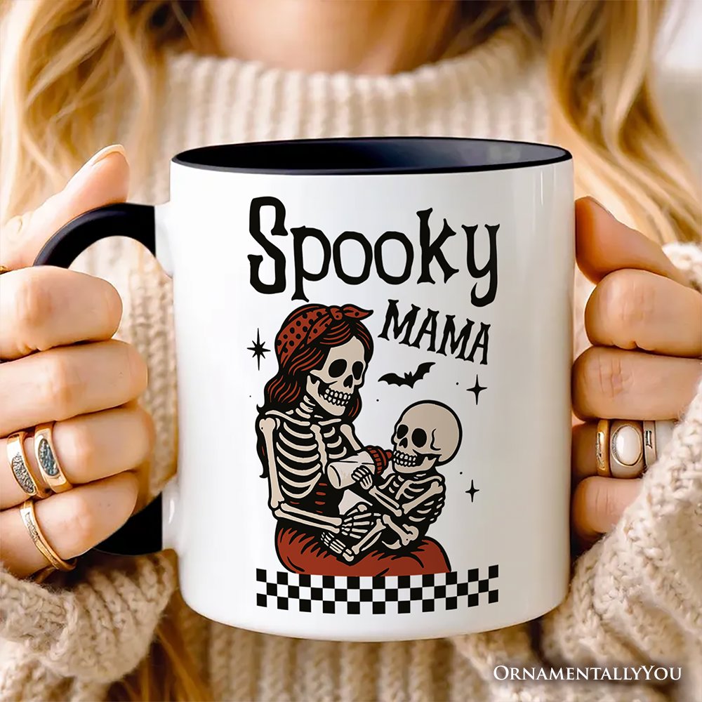 Spooky Mama Skeleton Halloween Personalized Mug, Momster Retro Checkered Gift with Custom Name Personalized Ceramic Mug OrnamentallyYou 