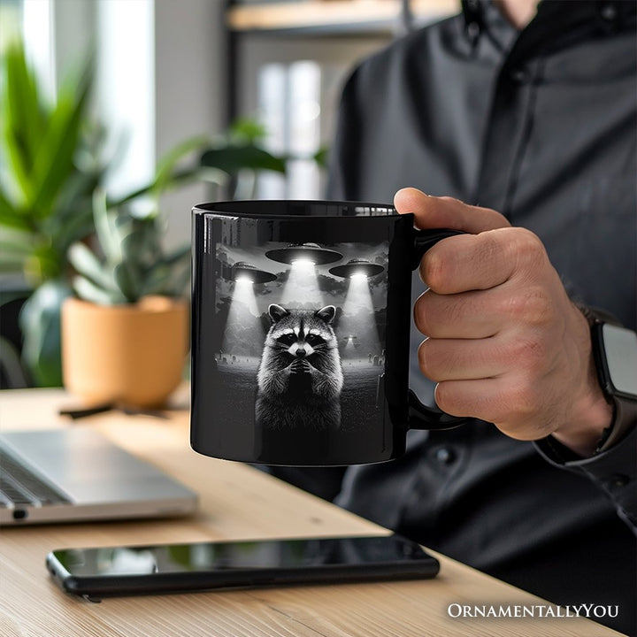 Funny Raccoon UFO Personalized Mug, Unisex Black Gift with Custom Name Personalized Ceramic Mug OrnamentallyYou 