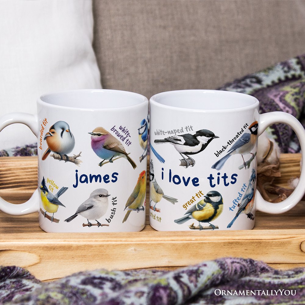 Whimsical Bird Tit Personalized Mug, Funny Birdwatcher Gift for Birder With Custom Name Personalized Ceramic Mug OrnamentallyYou 