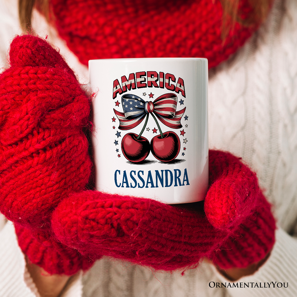 America Coquette Cherries Personalized Mug,  Patriotic 4th of July Gift with Custom Name