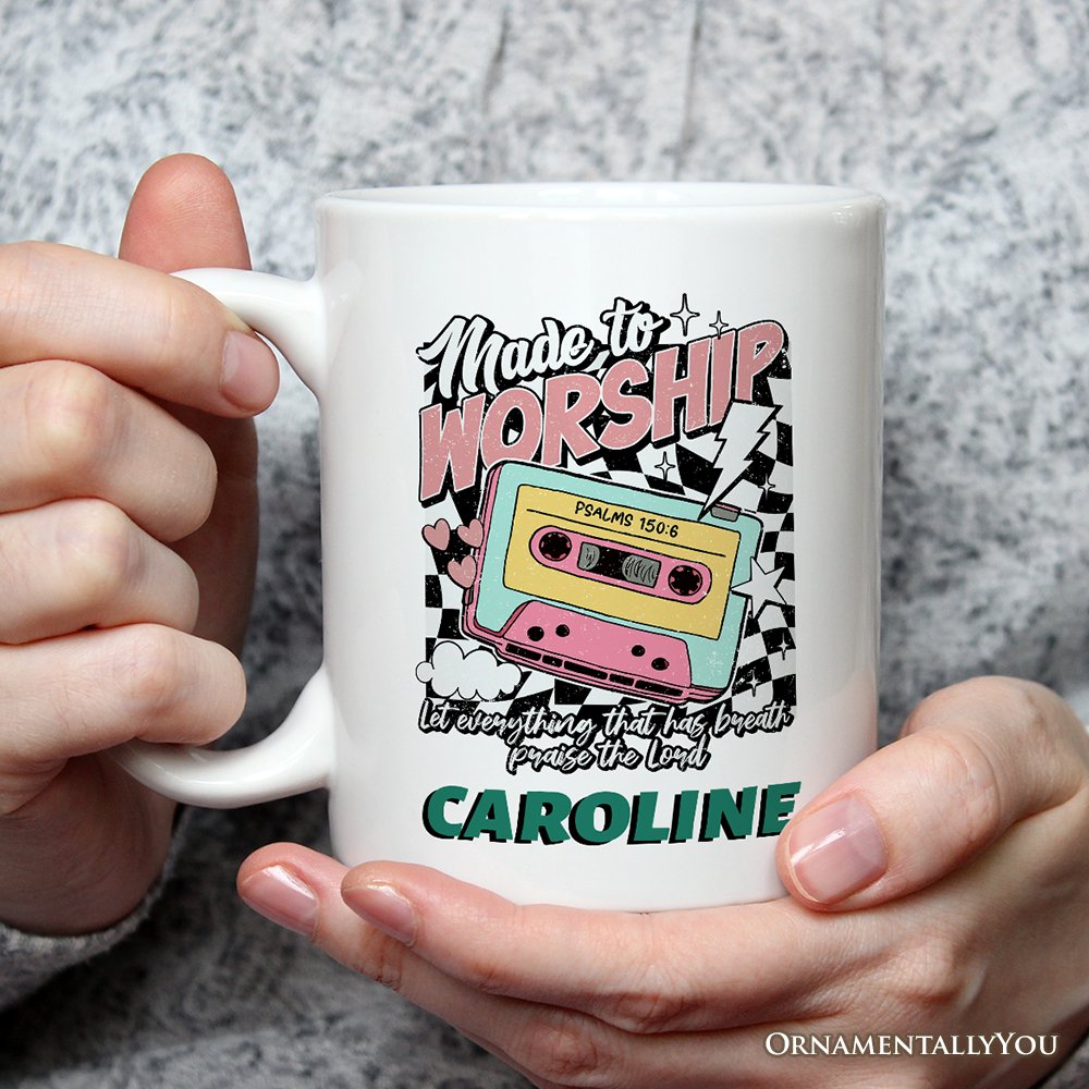 Made to Worship Christian Retro Personalized Mug, Psalm 150:6 Bible Verse Gift with Custom Name Personalized Ceramic Mug OrnamentallyYou 