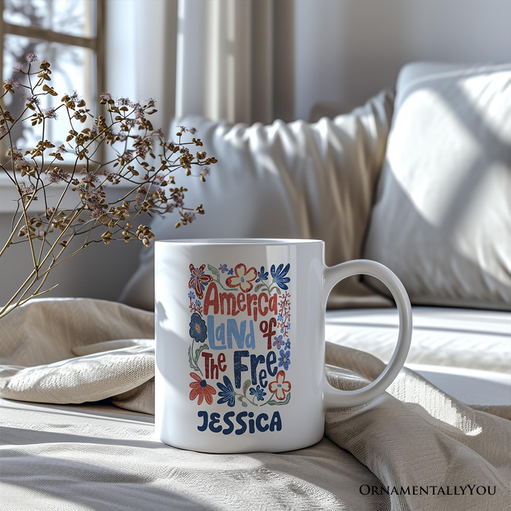 America Land of the Free Personalized Mug, Retro Floral Independence Day Gift with Custom Name