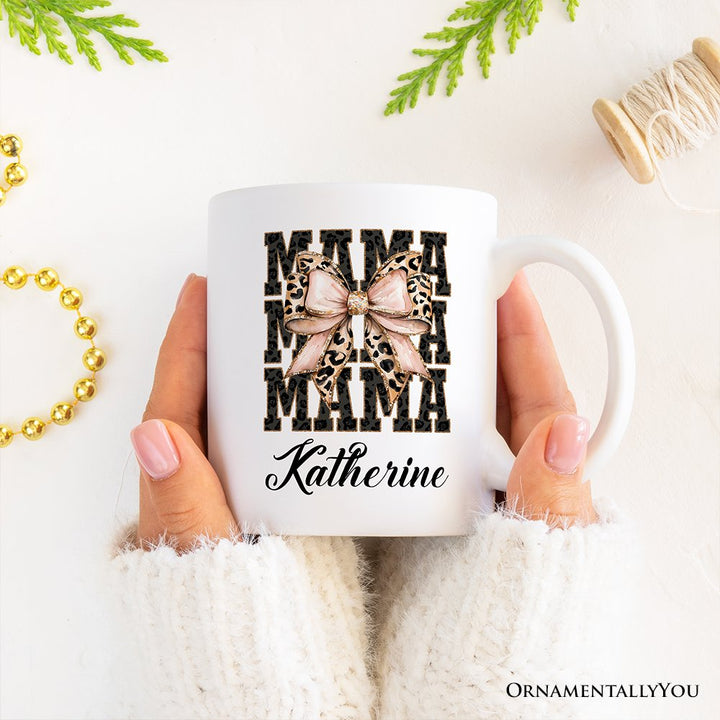Glitter Leopard Mama Personalized Mug, Coquette Bow Glam Gift with Custom Name Personalized Ceramic Mug OrnamentallyYou 