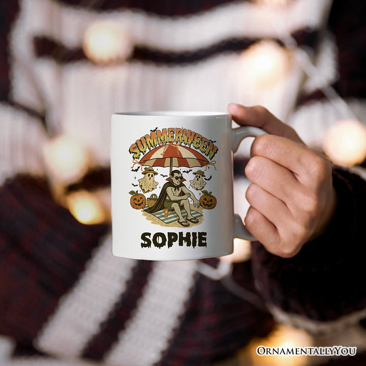Summerween Vampire Dracula Personalized Mug, Retro Halloween Beach Gift with Custom Name for Horror Spooky Summer Season Personalized Ceramic Mug OrnamentallyYou 