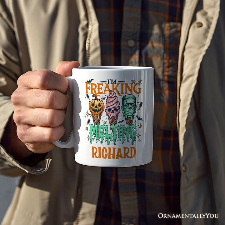 I’m Freaking Melting Frankenstein Personalized Mug, Funny Ice Cream Halloween Gift with Custom Name for Summer Spooky Season Personalized Ceramic Mug OrnamentallyYou 